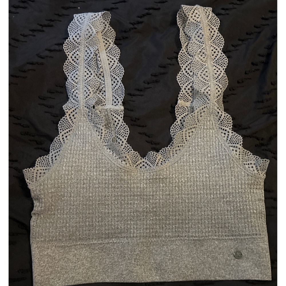Lucky Brand Gray Ribbed Lace Trim Super Soft Lounge Bra, Small